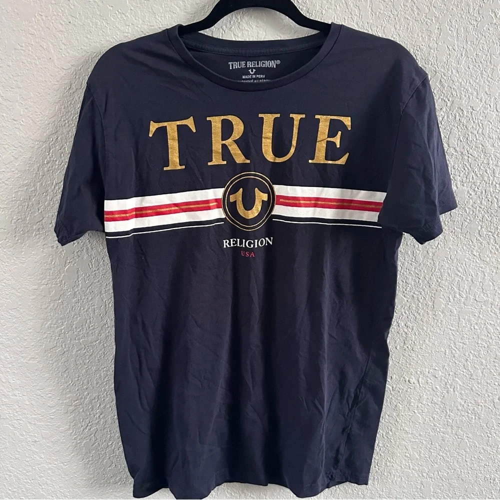 True Religion Navy Graphic Logo T-Shirt Gold Foil USA Tee Size L